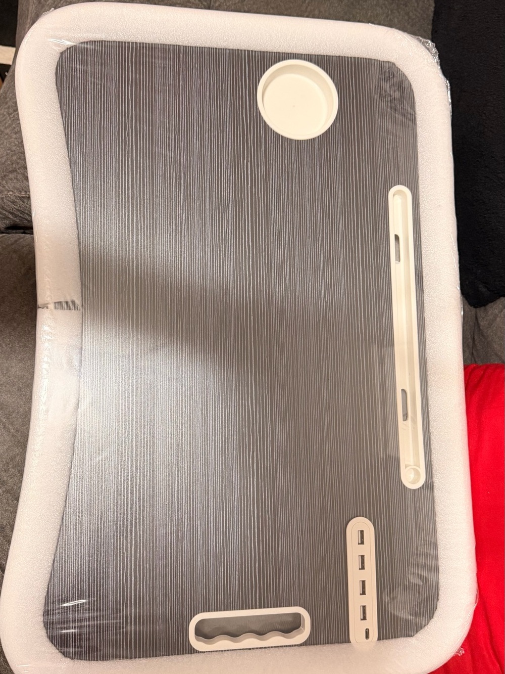 Gray Portable Tablet Lap Desk with Built-in Cup Holder and Slot